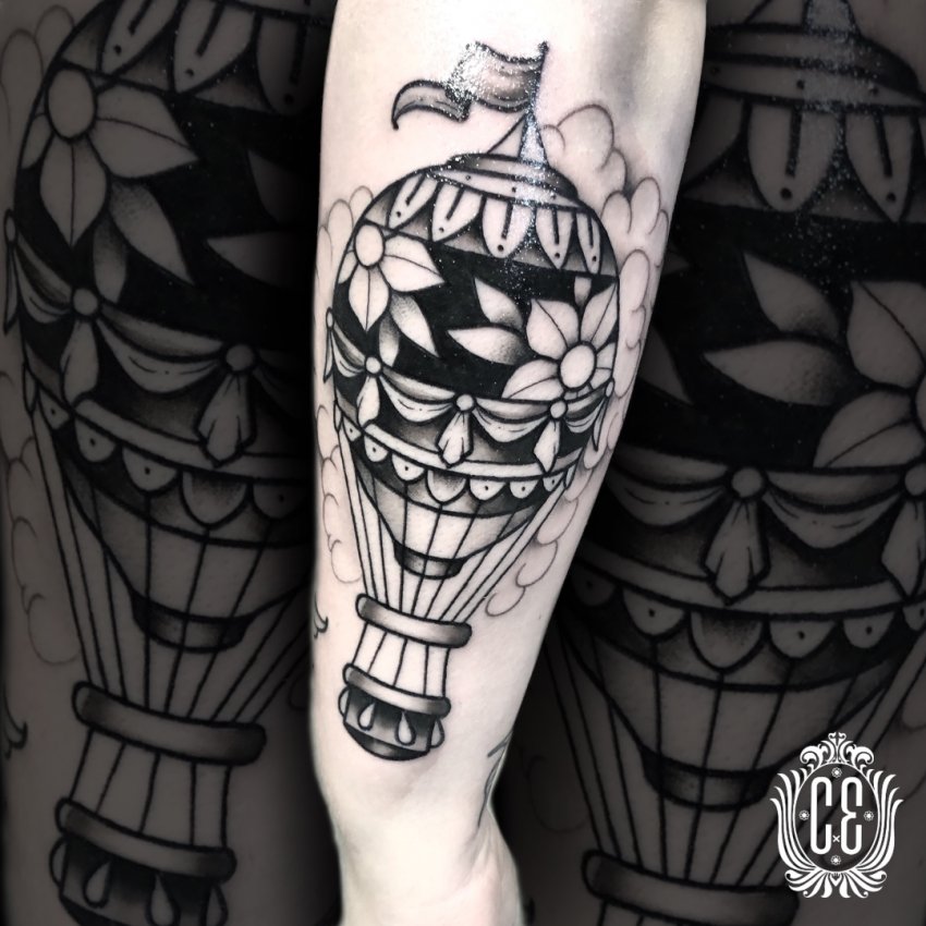Black And White Hot Air Balloon Tattoo